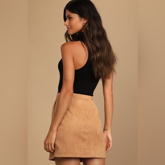 LULU’S Let’s Wrap It Up Tan Suede Wrap Mini Skirt - Picture 3 of 5